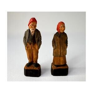 Vintage Hand Carved Wood Folk Art Couple Trefflé Picard Signed Pair
